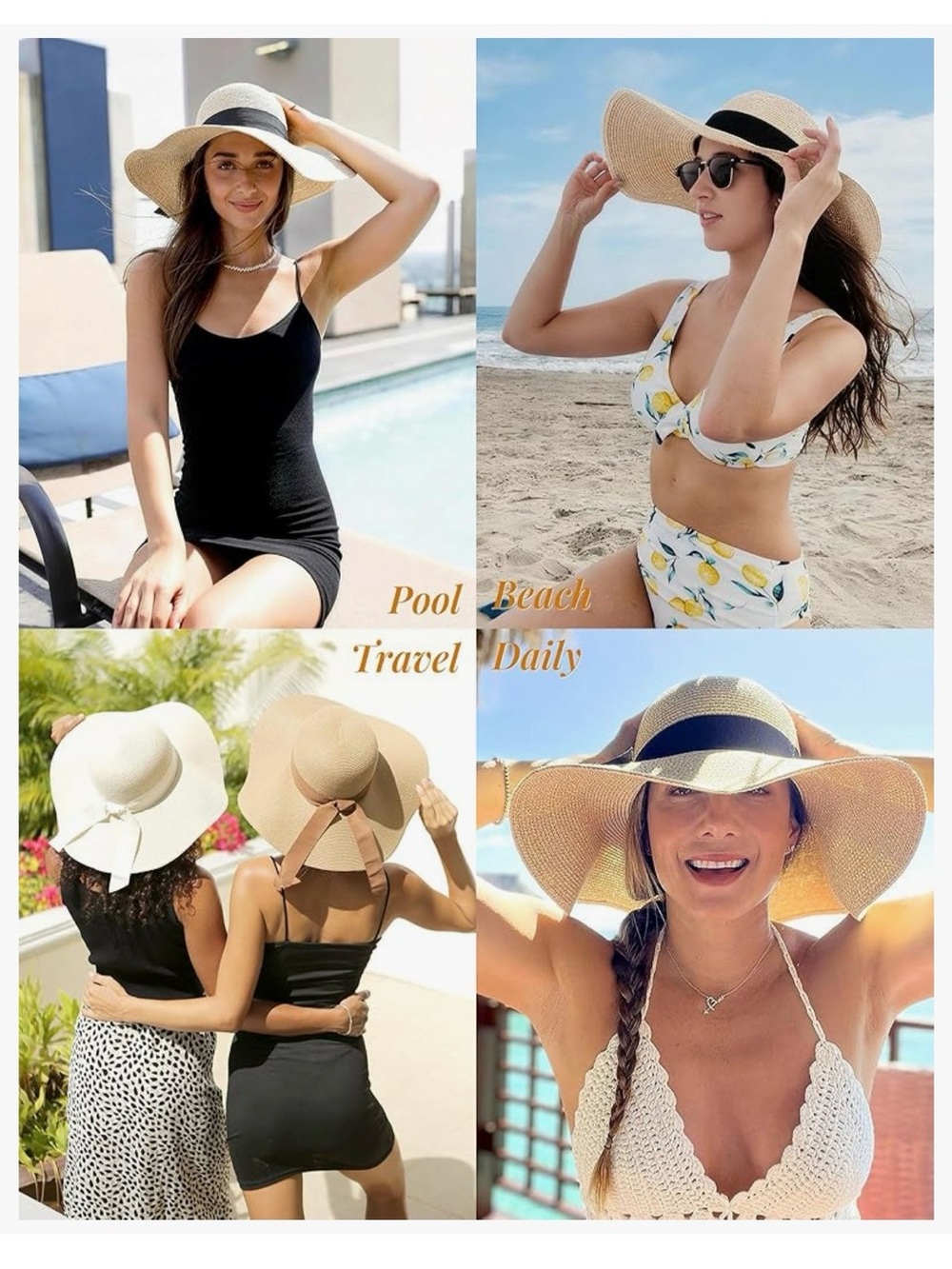 Wide-Brim Straw Sun Hat with Black Trim - Picture 2 of 2